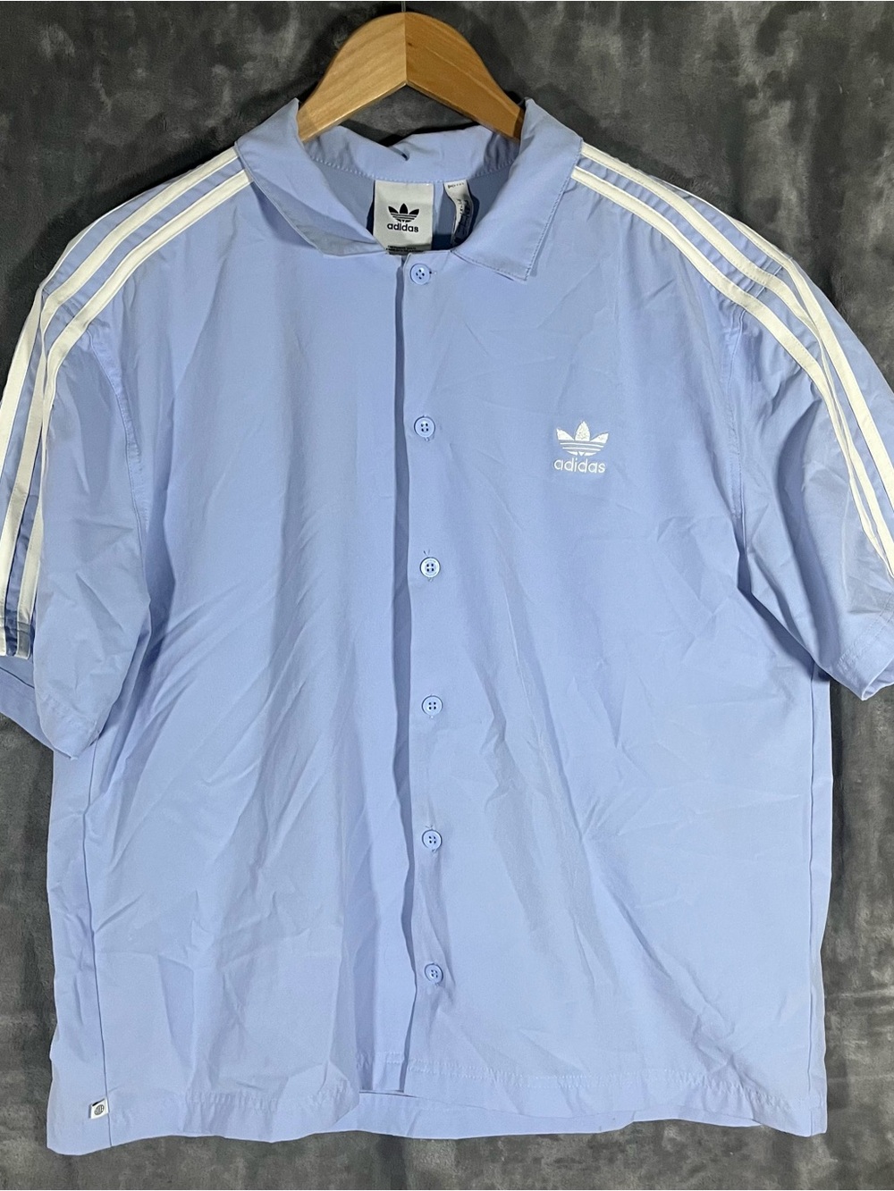 adidas Light Blue Short-Sleeve Coach Shirt Jacket with White Stripes